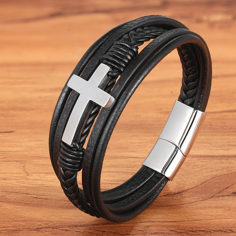 bracelet cuir croix inoxydable