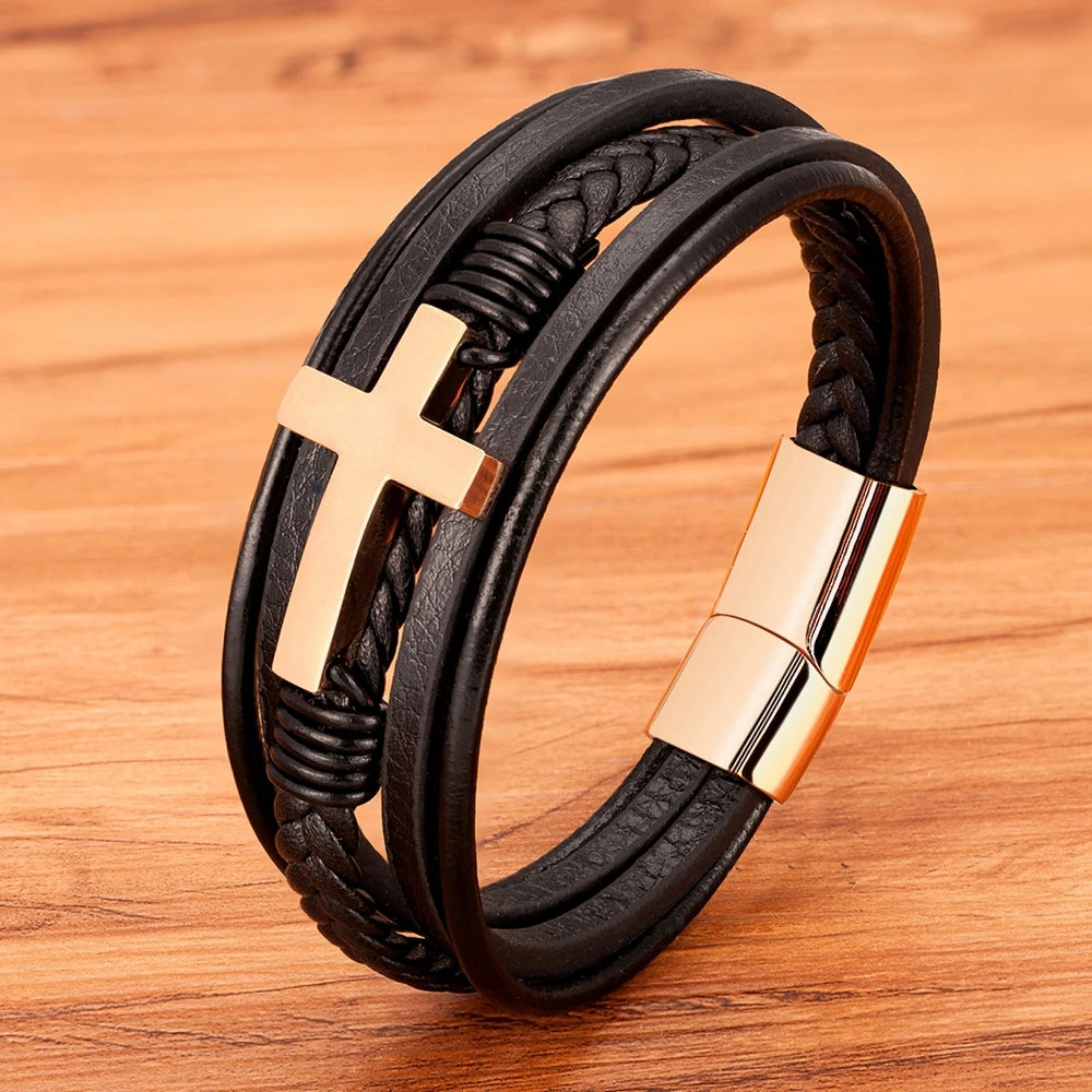 bracelet cuir croix inoxydable