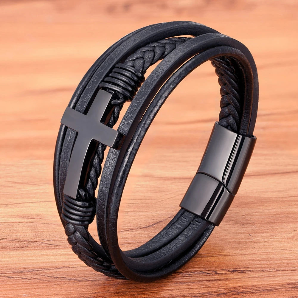 bracelet cuir croix inoxydable