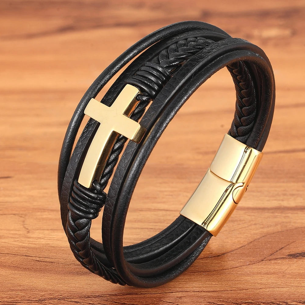 bracelet cuir croix inoxydable