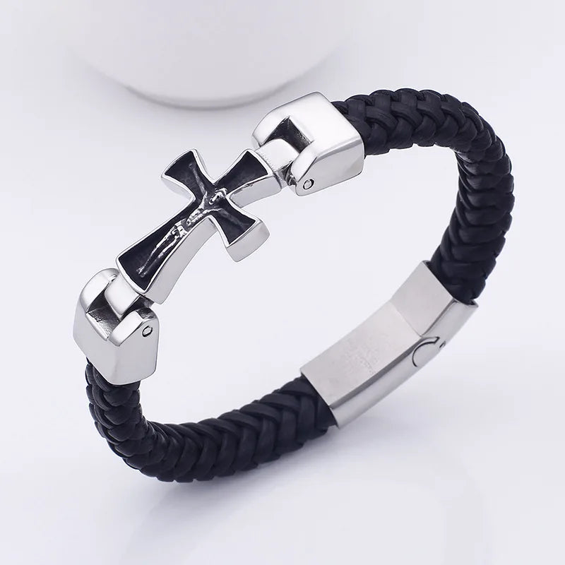 bracelet cuir croix en acier inoxydable
