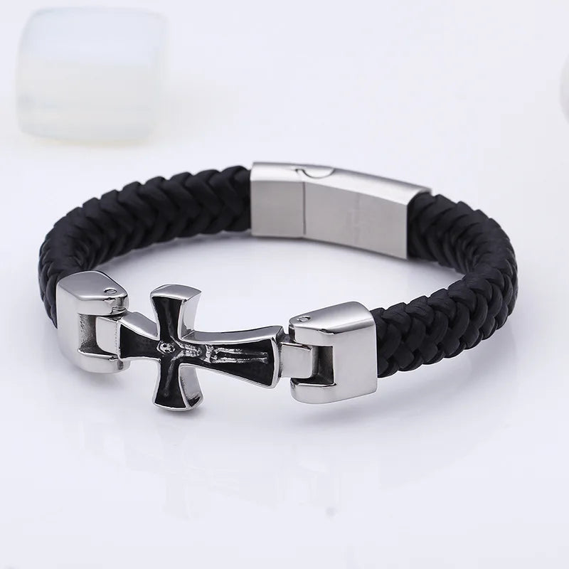 bracelet cuir croix en acier inoxydable