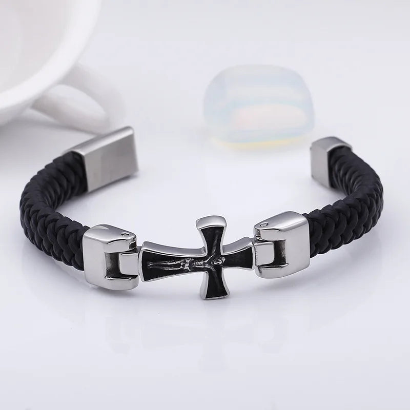 bracelet cuir croix en acier inoxydable