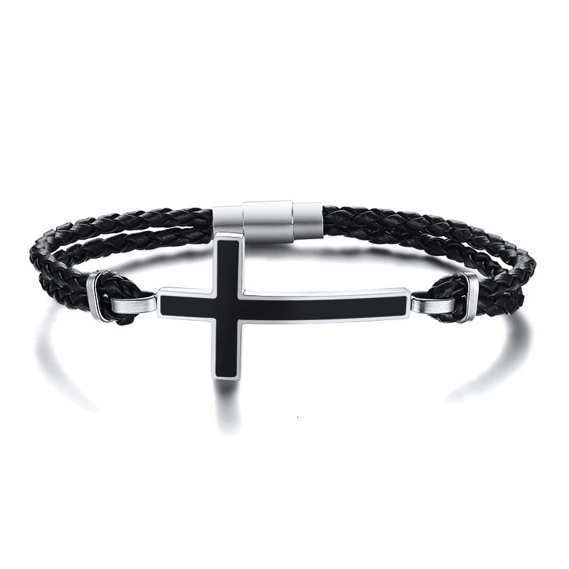 bracelet cuir tressé croix noire
