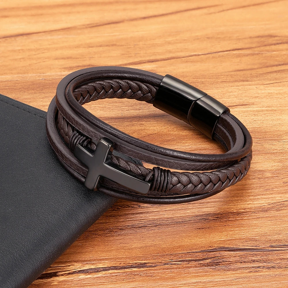bracelet cuir croix inoxydable