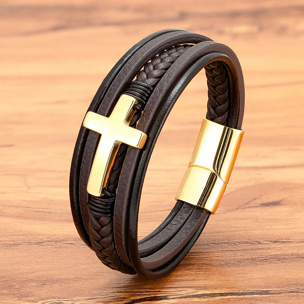 bracelet cuir croix inoxydable