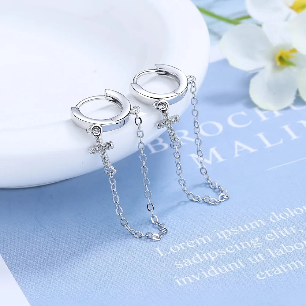 boucle oreille chaîne croix