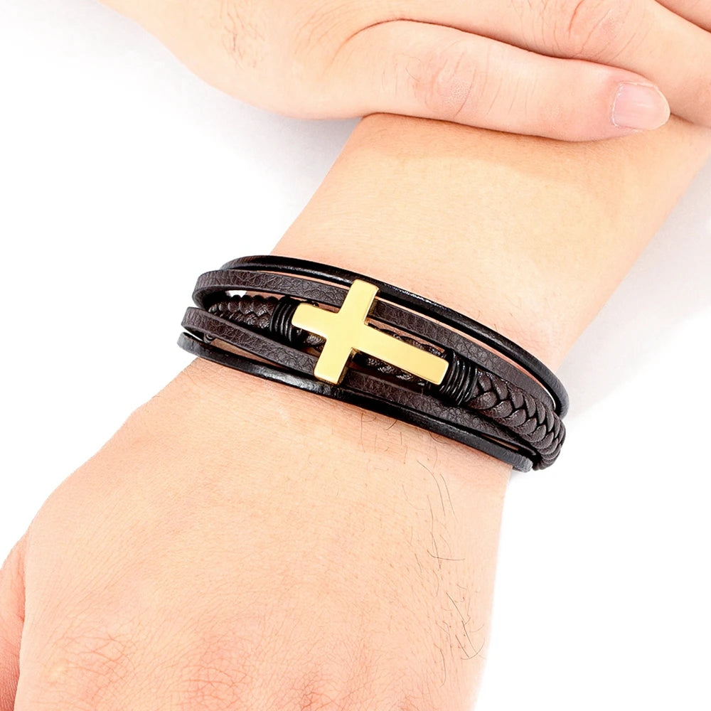 bracelet cuir croix inoxydable