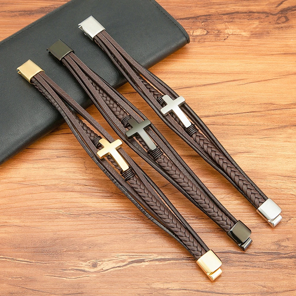 bracelet cuir croix inoxydable