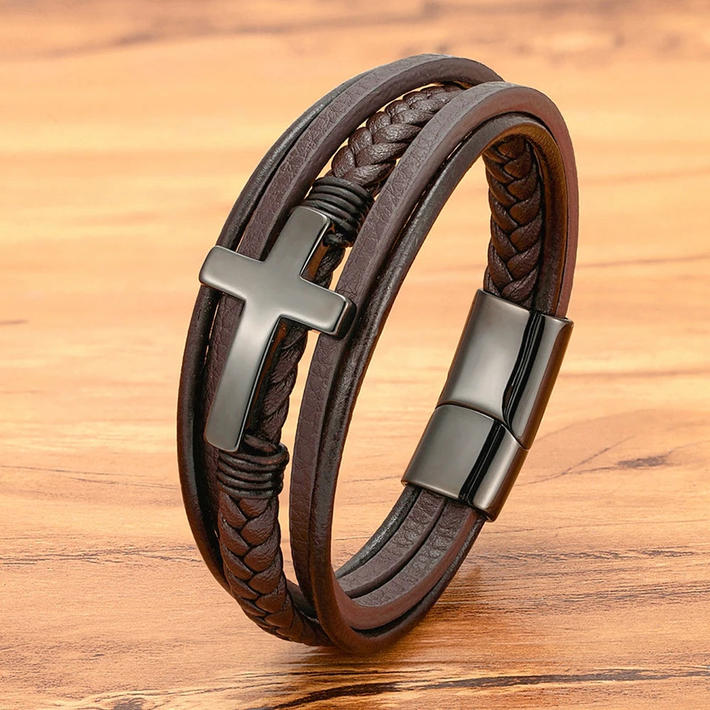 bracelet cuir croix inoxydable