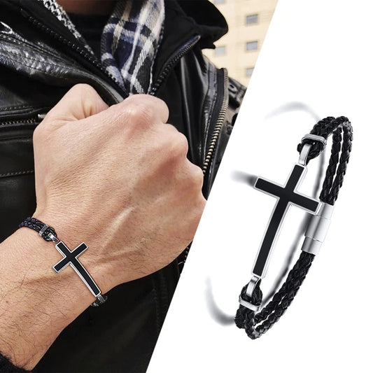 bracelet cuir tressé croix noire