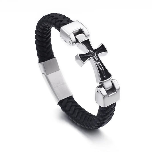 bracelet cuir  croix en acier inoxydable