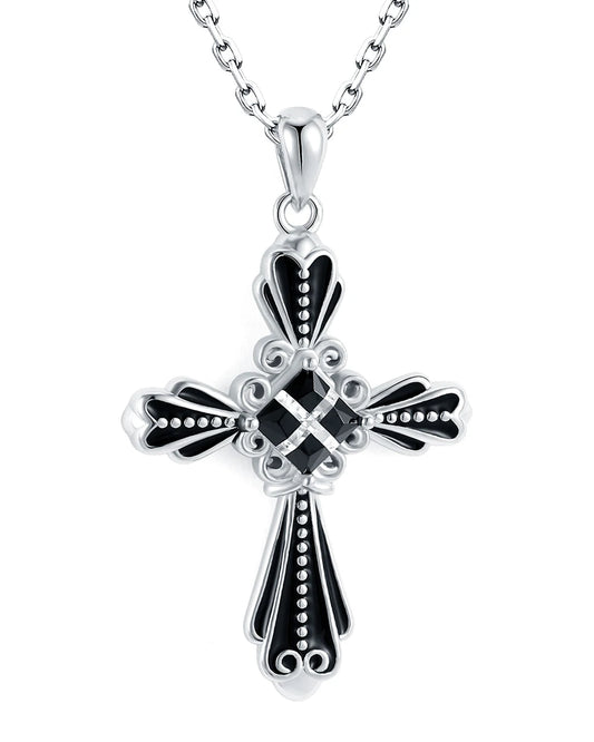 collier pendentif croix en argent 925 et pierre noire