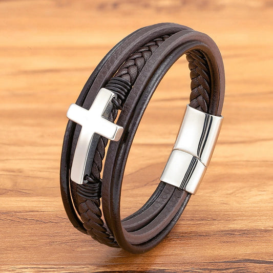bracelet cuir  croix inoxydable